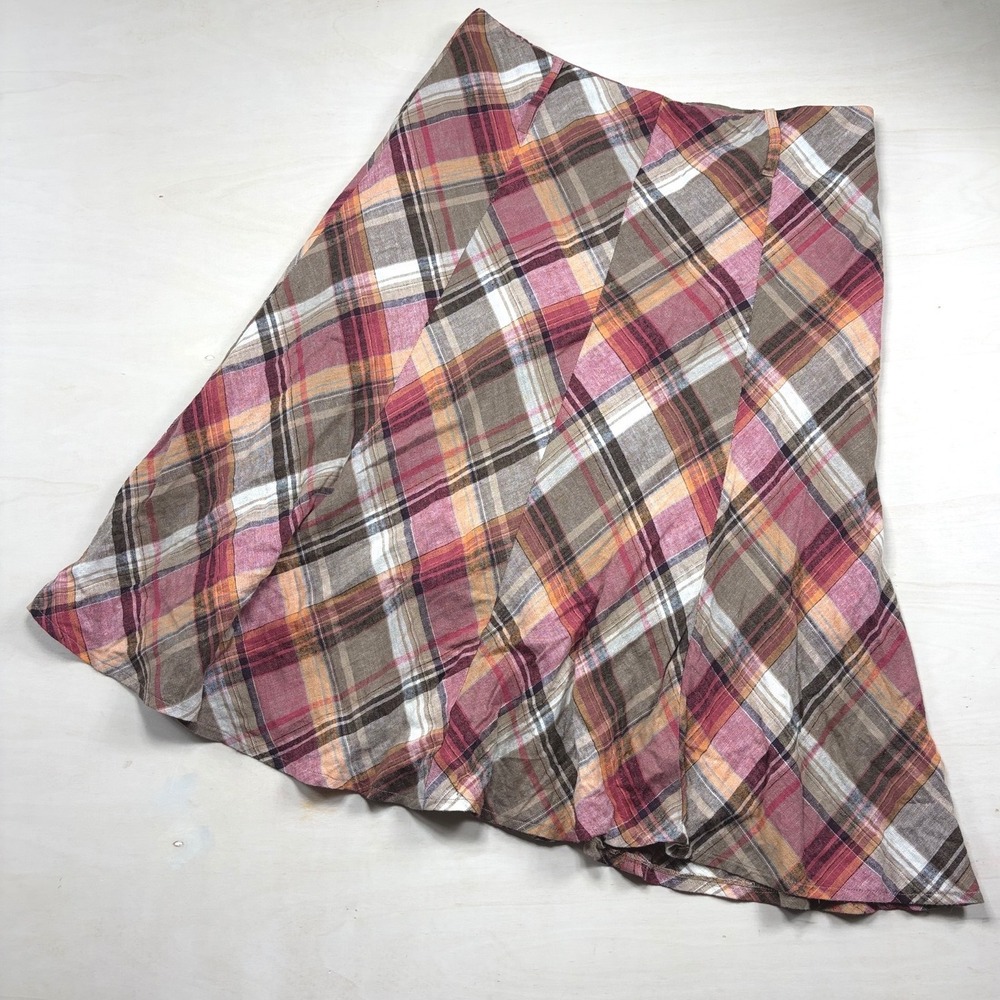 Vintage Y2K Rouge Exclusive Plaid Linen Cotton Midi Skirt Pink Orange Brown 12
